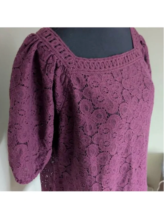 Loft Square Neck Lacey Blouse M Deep Plum Boho Romantic - Picture 4 of 12